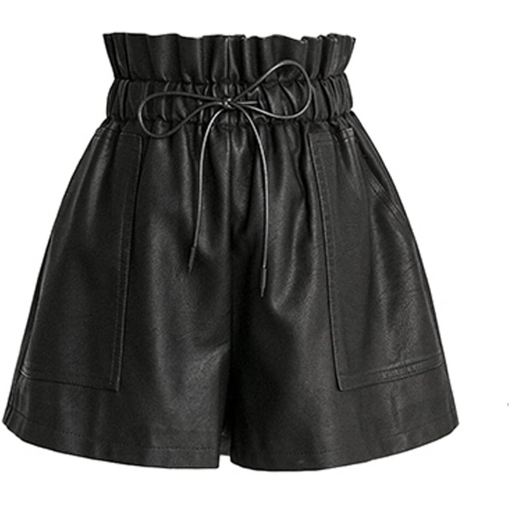 Chic High Waisted Wide Leg Black Faux Leather Shorts for Women 2XL